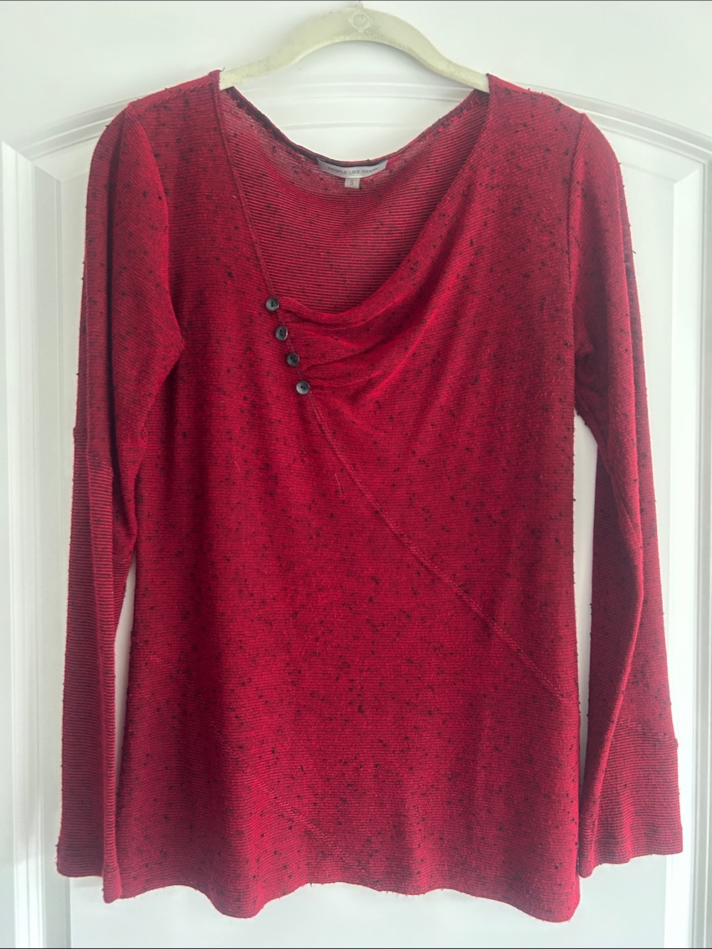 People Like Frank Red Draped Neckline Button Accent Long Sleeve Top sz S